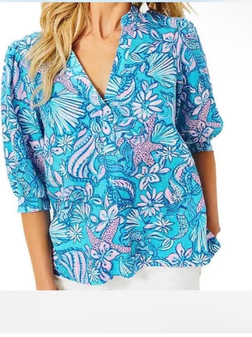 Lilly Pulitzer Mialeigh Elbow Sleeve Top - Amalfi Blue Sound the Sirens Size 14